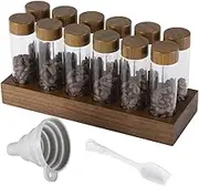 9SHOME 12Pcs Coffee Bean Storage Tubes, Single Dose Glass Coffee Bean Cellars with Wooden Base, Sealed Airtight Coffee Canisters, Mini Bottle Coffee Bean Storage Jars for Pantry Countertop (60ml 20g)