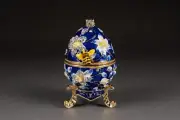 Egg With Bee And Floral Pattern, Blue Austrian Crystals Jewelry Box - 3.75" T...
