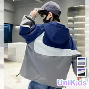 【UniKids】中大童裝長袖風衣 韓版撞色衝鋒衣夾克連帽外套 男大童裝 VPXY-2430(灰 紫)