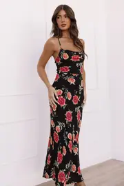 [PUP78] Landry Midi Slip Dress - Sunset Floral S black