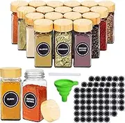 Robasiom 24pcs Glass Spice Jars 118ml/4oz Bamboo Spice Jar Set Empty Squar Spice Containers with Shaker Lids Seasoning Storage Bottles with Labels Collapsible Funnel Spice Organizer