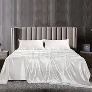 1000TC All Size Ultra Soft Art Silk Satin Sheet Set INCL- Flat Sheet | Fitted Sheet | Pillowcase (White, King Single)