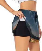 [GaxfjRu] Night Sky Sunset Print Women's Running Shorts High Waisted Running Shorts Pocket Sporty Gym Elastic Short