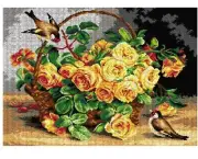 "Goldfinches and Basket with Roses" Printed Canvas for Tapestry 3015