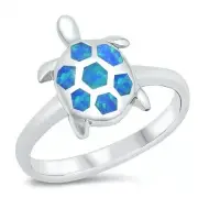 Turtle Ring Genuine Sterling Silver 925 Blue Lab Opal Face Height 14 mm Size 10