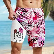 Men's Funny Lined Shorts 2 in 1 Board Shorts Swim Shorts Mid Waist Hawaiian Vacation Holiday Beach Wear Side Pockets With Compression Liner Elastic Drawstring