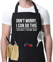 GOLEHS Don't Worry, I Watched a YouTube Video Funny Waterproof Apron for Guys - BBQ Dad - Men's for Grilling, Kitchen With Pockets - Funny for Men and Women, Black