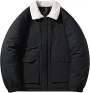[JEShifangjiusu] Mens Winter Turndown Collar Jacket Fully Fleece Lined Zip Up Thicken Coats Warm Plush Topcoat With Pockets