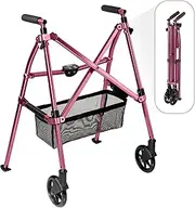 EZ Fold-N-Go Walker, Lightweight Folding 2 Wheel Travel Walker for Seniors with Swivel Wheels, Regal Rose
