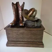 Large Cowboy Hat, Rope, Boots Bronze Cremation Urn Box 11 1/4 x 9 x 12 1/2