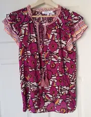 Rose + Olive Ruffle Top Tassels Keyhole Small Flowy Pink Orange Blouse Floral S