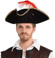 Buccaneer Hat w/Feather Pirate Fancy Dress Up Halloween Adult Costume Accessory