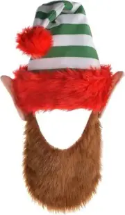 Elf Hat w/Ears & Beard Fancy Dress Up Christmas Holiday Adult Costume Accessory