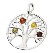 Pendant Mixed Amber 'Tree Of Life' Medallion Sterling Silver
