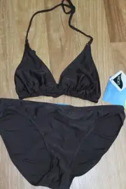 NEW AQUA BLUE BROWN SLIDE TRIANGLE BIKINI TOP + BRIEF BIKINI PANT SIZE 14