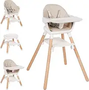 Baby High Chair, 6 in 1 Wooden Convertible High Chairs for Babies and Toddlers, Booster Seat with Double Tray & Reversible Footrest Baby Highchair, 5-Point Harness Feeding Chair (Beige)