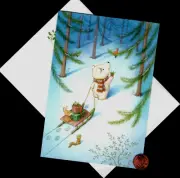 HTF HALLMARK CHRISTMAS Polar Bear Sled Rabbit Chipmunk GLITTERED Greeting Card