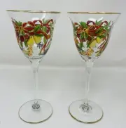 2 Royal Danube Handpainted Signed Crystal Stemware Glasses Fruit Garland 9” Tall