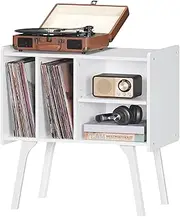 LELELINKY Record Player Stand,Vinyl Record Storage Table with 4 Cabinet Up to 120 Albums,Mid-Century Turntable Stand with Wood Legs,White Vinyl Holder Display Shelf for Bedroom Living Room