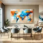 Blue and Orange Wall Art Canvas Map of the World Print Women Birthday Gift Idea