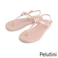 在飛比找momo購物網優惠-【Pelutini】花朵配飾亮面夾腳T字涼鞋 玫瑰金(121