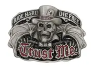 JACKASS SKULL TOP HAT RIDE HARD DIE FREE TRUST ME BELT BUCKLE. BBA9460. NE