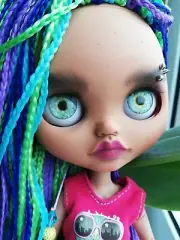 Blythe custom doll braids hair, OOAK Blythe dark skin, piercing Blythe doll