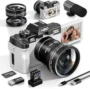 NBD 4K Digital Cameras for Photography - 48MP/60FPS Video Camera for Vlogging, WiFi & App Control, YouTube Vlogging Camera with 32GB TF Card. Wide-Angle & Macro Lens Included (Silver White)