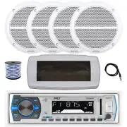 Pyle Bluetooth Marine Receiver, Cover, Antenna,Wire, 4x 6.5" 90W White Speakers