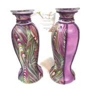 Glass Taper Candlesticks Pair Purple Wavy Zentangle Fabric Wrapped Rothe