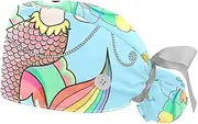 [WOSHJIUK] Working Hat 2 Pack Scrub Caps for Women,Cute Mermaid Sea Horse,Tie Back Cap Adjustable Scrub Hat