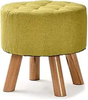 Round Wooden Support Upholstered Footstool Ottoman Pouffe Padded Chair Stool with Removable Linen Cover 4 Beech Legs for Living Room and Bedroom