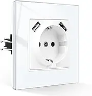 CNBINGO Schuko Socket with USB Port, Dual Type-A Support Max. 2.1 Amp, Single Socket with Claws, Protective Contact Wall Socket with Glass Frame in White, 1 Way