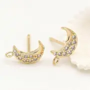 2Pairs 18K Gold Plated Stud Earrings Connector, Cubic Zirconia Micro Pave Cresc