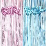 Gender Reveal Decoration Set - Metallic Fringe Curtains + BOY Girl Foil Balloons Gender Reveals Party Photo Backdrop (Pink/Blue)