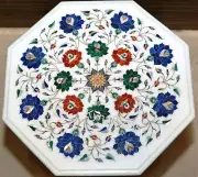 Shiny Gemstone Inlay Work Coffee Table Top Octagon White Marble Sofa Side Table