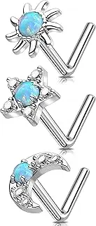 [Melighting] MeIighting 3pcs 20G L-Shaped Nose Ring Set, 7mm Star and Moon Nose Studs, Stainless Steel 316L Nose Jewelry with White Opal and Zircon, Celestial Nose Piercing Jewelry for Women, 20G7mm, Stainless