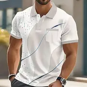 Men's Male Geometic Line Polo Short Sleeve Turndown Business Casual Sports Outdoor Business Casual Daily Buttons Pocket Summer Amethyst Robin's Egg Blue Grey