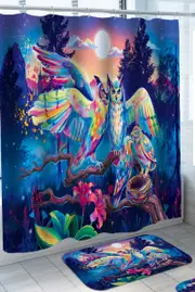 Colorful Owls Couple and Chicks in the Forest Shower Curtain