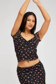 Black Ditsy Mesh Top Short Sleeve - Size XXS, Women's Top