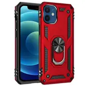 For Apple iPhone 12 Case, Military Grade 360 Degree Rotating Metal Magnetic Ring Car Mount Holder Kickstand Shockproof Heavy Duty Cover (Red)