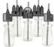 Big Dot of Happiness Nighttime City Skyline - Paper Straw Decor - New York Party Striped Decorative Straws - Set of 24