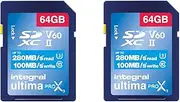 Integral 64GB 2-Pack UHS-II SD Card V60 Up to 280MBs Read and 100MBs Write Speed 1733X SDXC Professional High Speed Memory Card