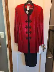Tunic Set Mandarin Red Satin Top Toggle Closure, Black Pants, 16W, NWT