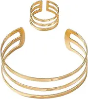 [Generic] Gold Jewelry Set | Women Jewelry Sets - Stackable Aesthetic Ring And Bracelet Trendy Three Layer Hollow Dainty Bangles for Girls Special Occasions Bridal Accessories Prom, Refer to description