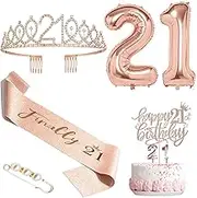 Happy 21st Birthday Decorations, 21st Birthday Tiara Crown, Birthday Cake Topper and Number 21 Candles, Birthday Sash, Rose Gold 21 Year Old Birthday Party Decorations for Women Gifts
