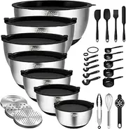 Wildone Mixing Bowls with Airtight Lids, 27 PCS Stainless Steel Nesting Bowls, 3 Grater Attachments, Scale Mark & Non-Slip Bottom, Size 5, 4, 3, 2, 1.5, 1, 0.63QT, Ideal for Prepping, Black