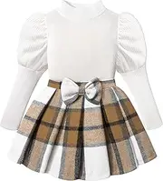 [BAVADER] Toddler Girl Clothes, Fall Winter Puff Sleeve Tops + Plaid Mini Skirts 2Pcs Outfits Set
