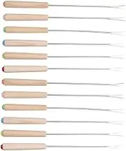 Generic 12pcs Stainless Steel Fondue Fork with Ergonomic Oak Handle Color Coded Meat Skewers for Cheese and Chocolate Dipping Long Dessert Server Forks