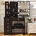Black Dressing Table With LED Sliding Mirror And Stool Drawer Vanity Makeup Desk